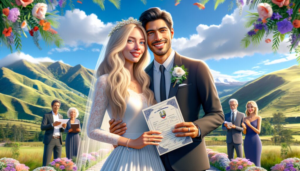 Pareja sonriente en boda al aire libre en montaña.