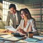 Abogados revisando documento en oficina.