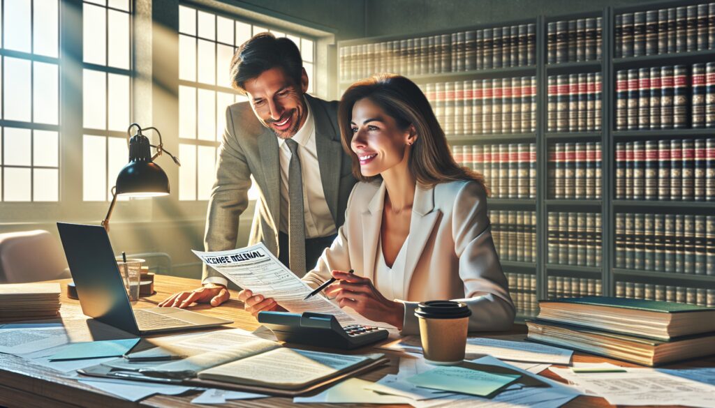 Abogados revisando documento en oficina.