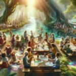 Personas dibujando en mesas junto a un río.