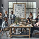 Equipo colaborando en oficina moderna con papeles y portátiles.