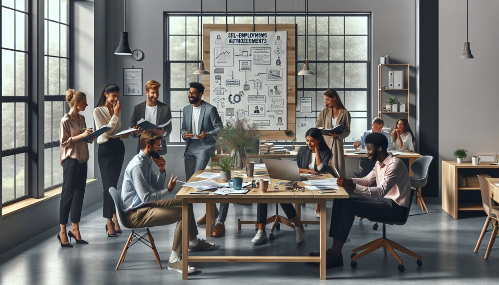 Equipo colaborando en oficina moderna con papeles y portátiles.
