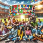 Estudiantes internacionales frente a cartel de becas.