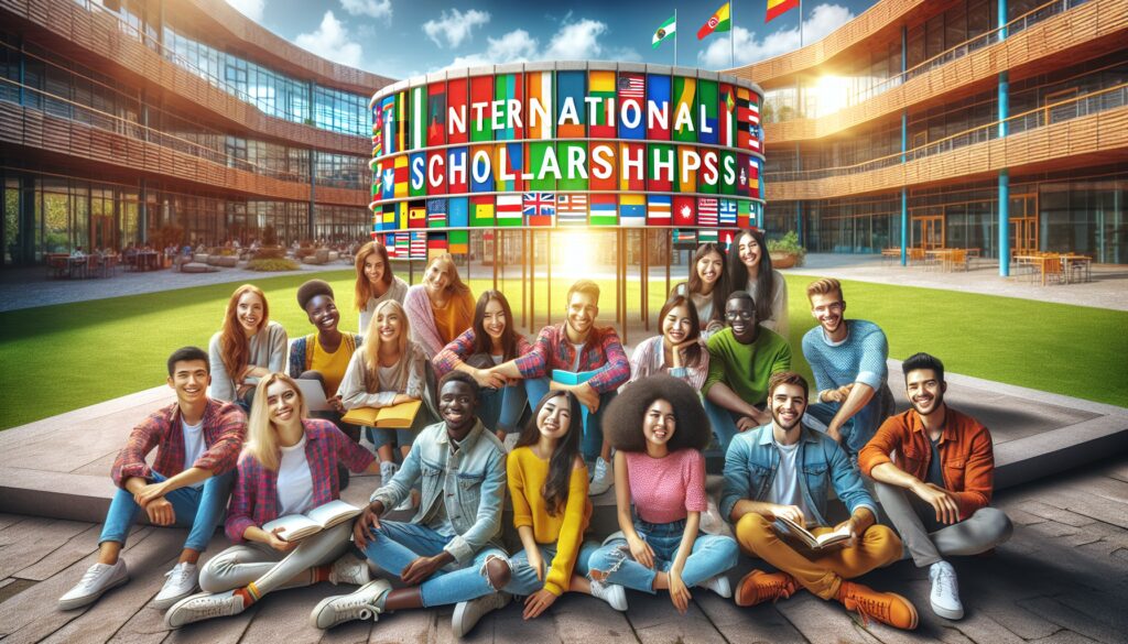 Estudiantes internacionales frente a cartel de becas.