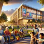 Personas en un campus universitario al atardecer.