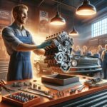 Mecánico sosteniendo motor en taller con equipo.