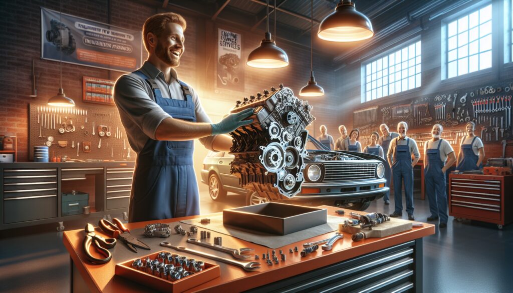 Mecánico sosteniendo motor en taller con equipo.