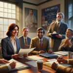 Reunión de oficina con siete personas sonriendo.