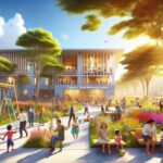 Parque lleno de familias y niños jugando al atardecer.