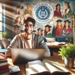 Estudiante sonriente con laptop en biblioteca soleada.