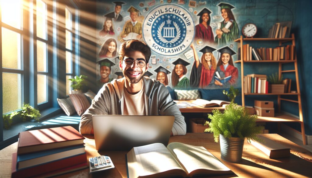 Estudiante sonriente con laptop en biblioteca soleada.