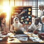 Reunión de equipo discutiendo gráficos y datos financieros