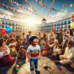 Celebración ecuatoriana con banderas y personas felices