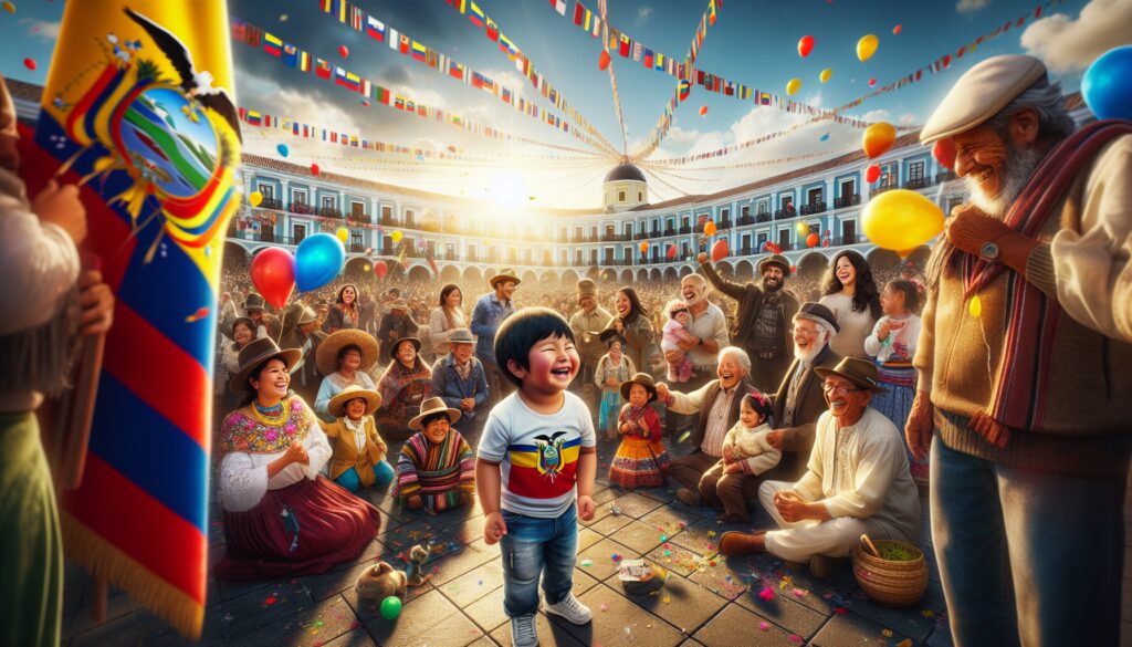Celebración ecuatoriana con banderas y personas felices