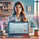 Mujer con computador y café en oficina moderna