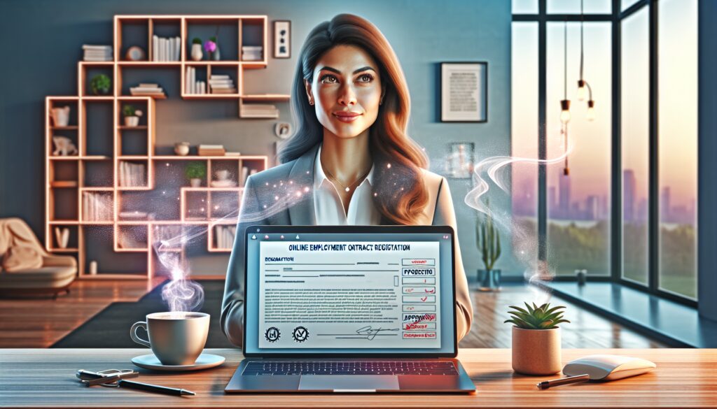 Mujer con computador y café en oficina moderna