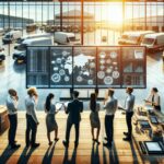 Reunión logística en almacén con furgonetas y pantallas.