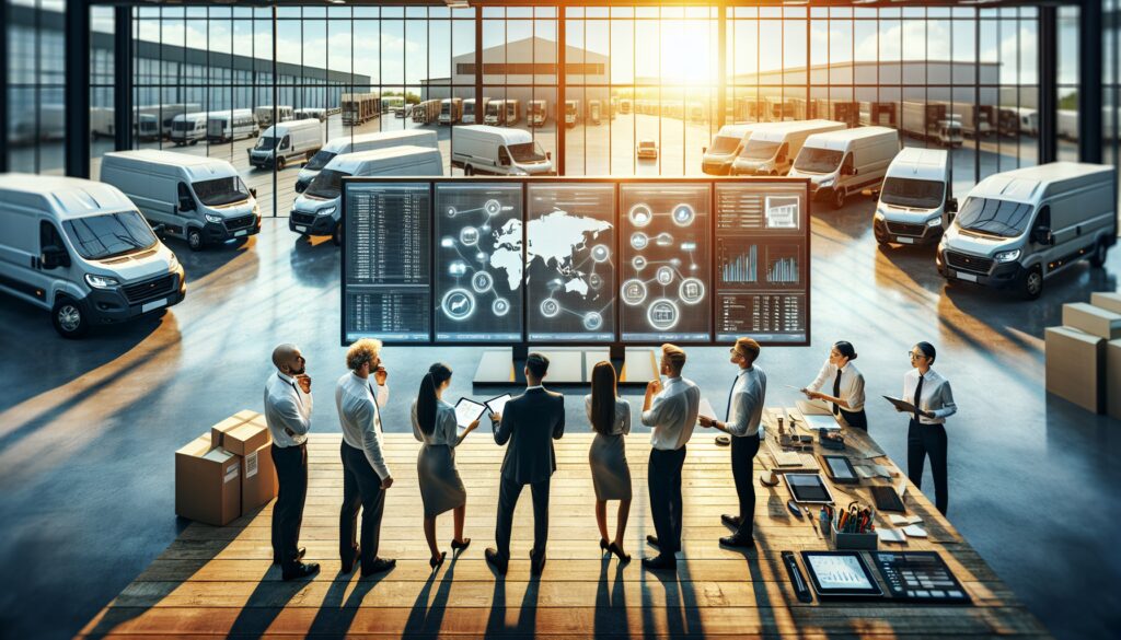 Reunión logística en almacén con furgonetas y pantallas.