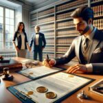 Abogado firmando documentos en la oficina