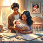 Familia feliz con su recién nacido en casa.