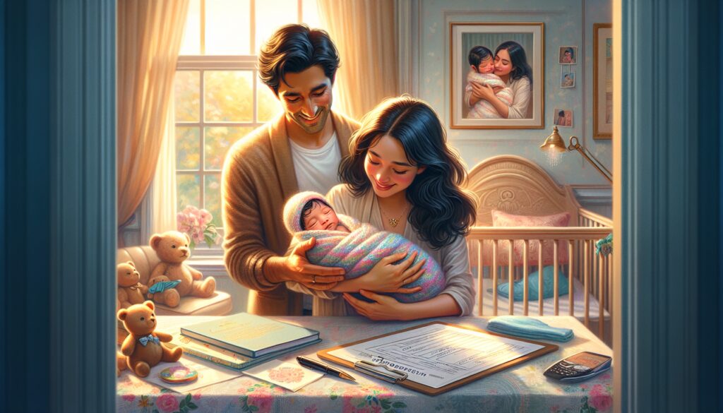 Familia feliz con su recién nacido en casa.