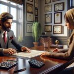 Consejero en oficina con documentos, calculadora, y diplomas.