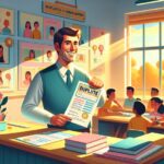 Maestro sonriente en clase con alumnos contentos