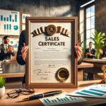 Oficina con certificado de ventas y gente aplaudiendo