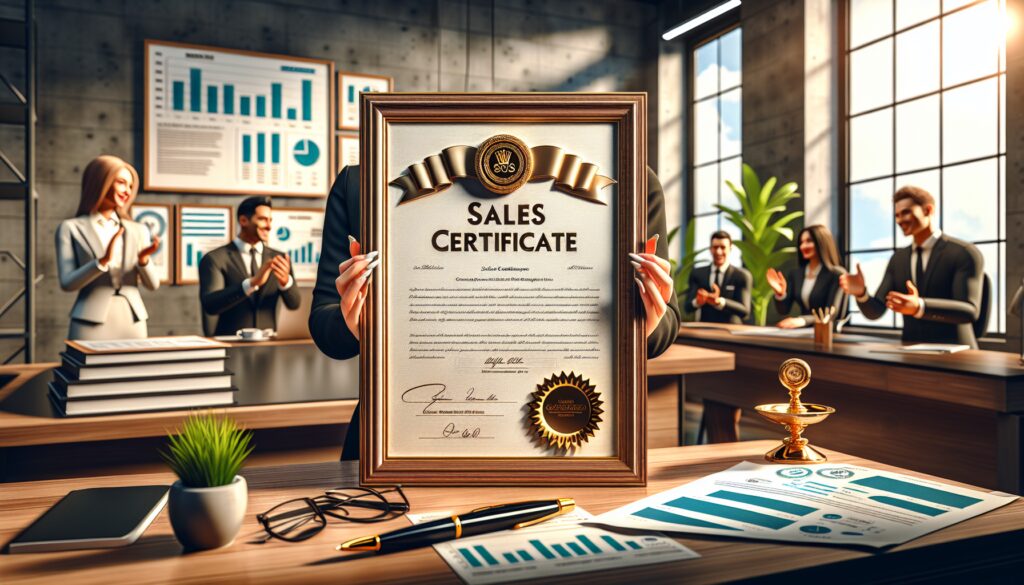 Oficina con certificado de ventas y gente aplaudiendo