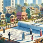 Personas revisan planos en una zona residencial.