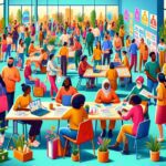 Reunión animada en oficina llena de personas trabajando.