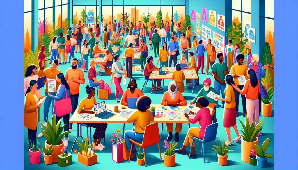 Reunión animada en oficina llena de personas trabajando.