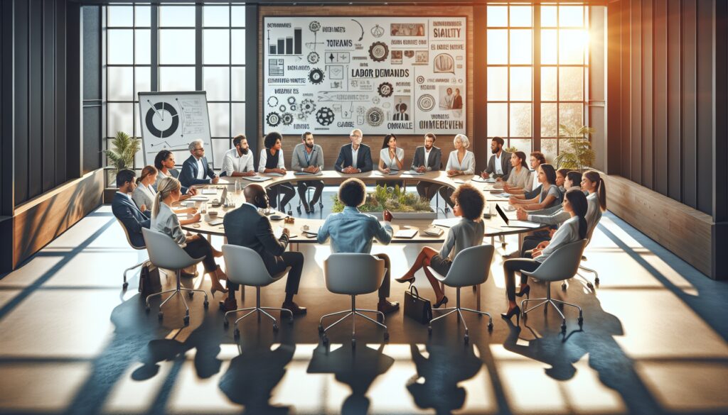 Reunión de personas en gran sala de conferencias.