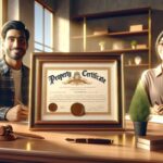 Pareja mostrando certificado de propiedad en la oficina.