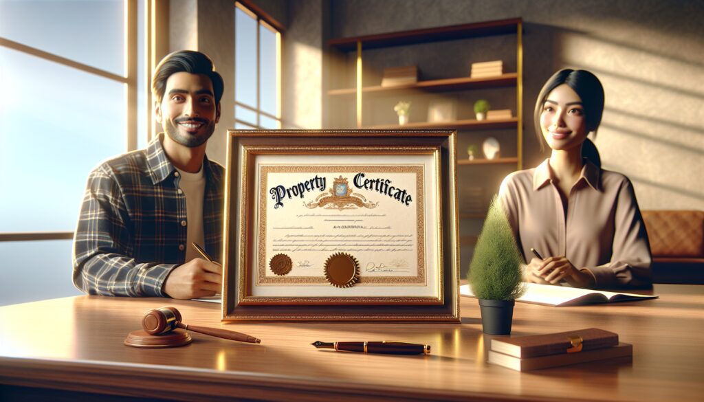 Pareja mostrando certificado de propiedad en la oficina.
