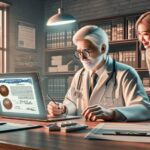 Doctor revisando diploma en oficina.