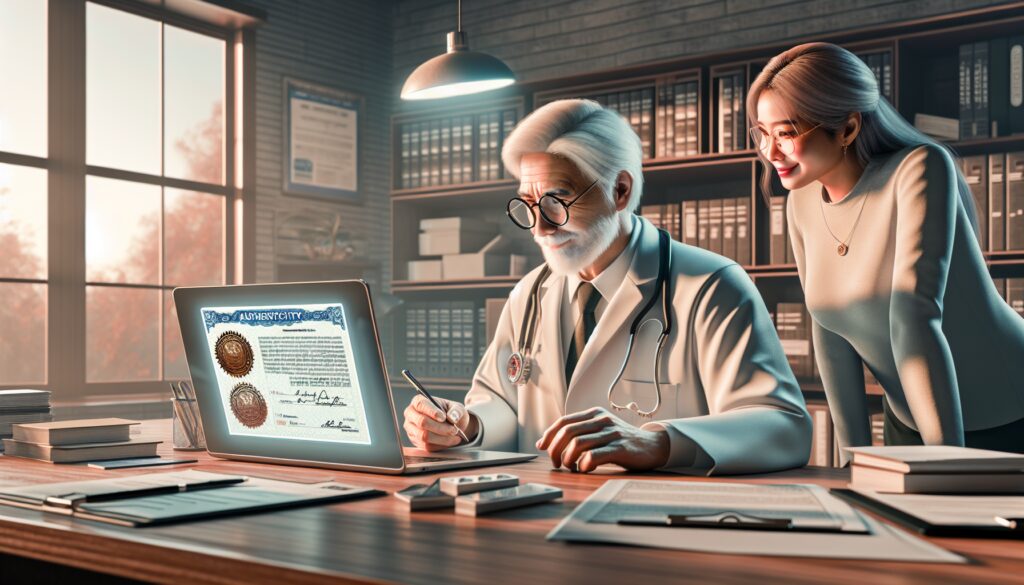 Doctor revisando diploma en oficina.