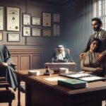 Pareja en oficina con dos jueces