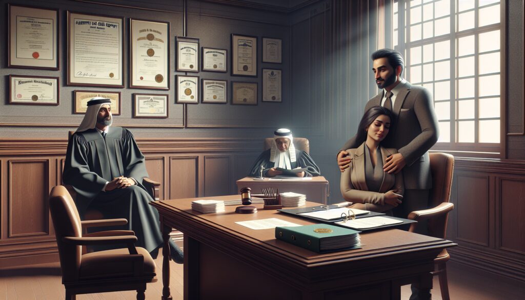 Pareja en oficina con dos jueces