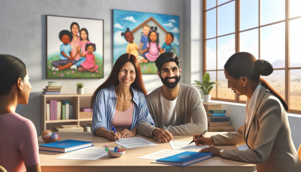 Personas firmando documentos en una oficina luminosa.