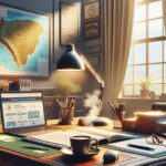 Oficina con escritorio y mapa de Sudamérica