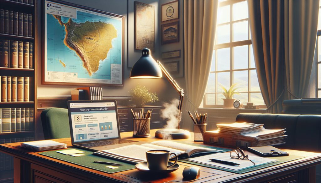 Oficina con escritorio y mapa de Sudamérica