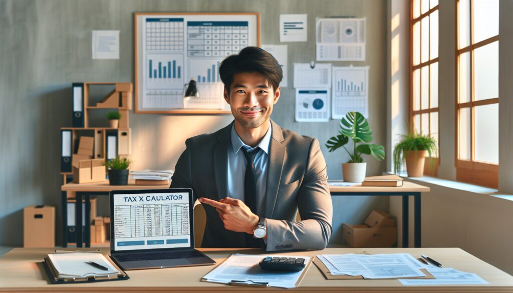 Hombre en oficina señalando pantalla de laptop