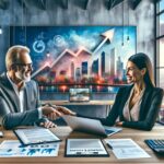 Empresarios en oficina moderna, gráfica de crecimiento.