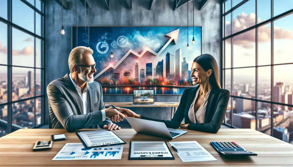 Empresarios en oficina moderna, gráfica de crecimiento.