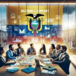 Reunión de negocios con gráficos y bandera de Ecuador