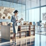 Mujer trabajando en oficina moderna con mapas.