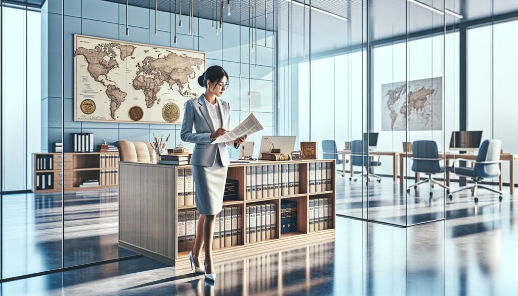 Mujer trabajando en oficina moderna con mapas.