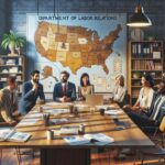 Reunión empresarial en oficina con mapa en la pared.