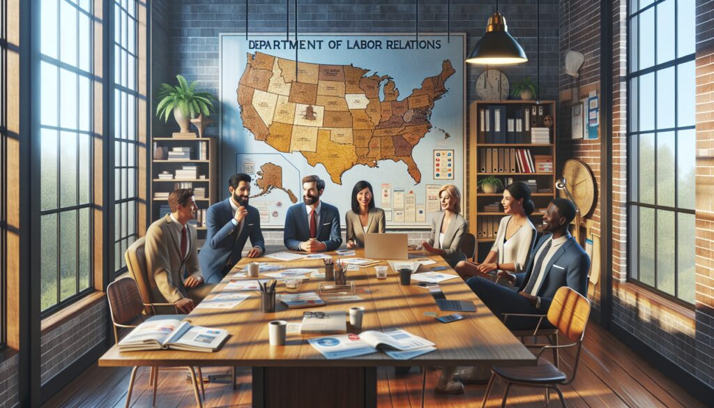 Reunión empresarial en oficina con mapa en la pared.